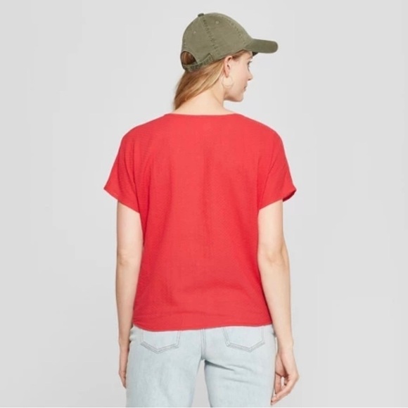 Red Button-Down Tie-Front Dolman Sleeve Cotton Top Size L - Picture 2 of 7